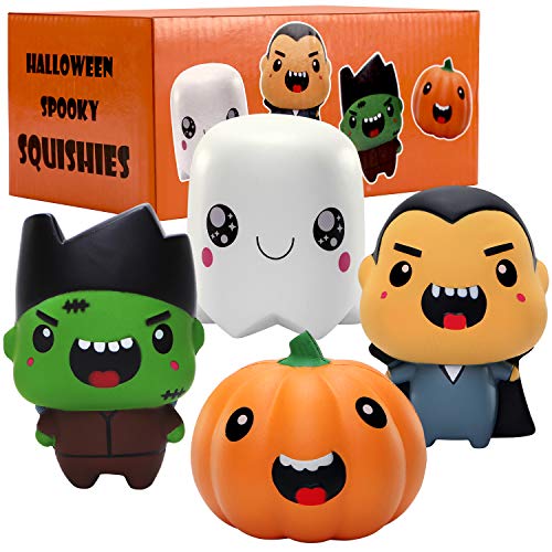 Halloween Toys, Halloween Squishy Toys for Kids, 4 Pack Squishies Toys Halloween Party Favors Set Pumpkin, Vampire, Ghost, Zombie Slow Rising Stress Relief Soft Squeeze Toys