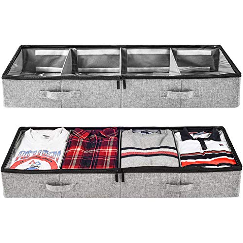 storageLAB Underbed Storage Containers, Under Bed Storage for Clothes, Blankets and Shoes, Woven Fabric with Plastic Panel Structure (2 Piece Sweater Storage - Grey)