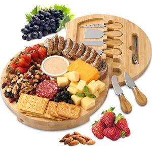 boltlink cheese board and knife set, bamboo round charcuterie boards swivel meat platter personalized tray with 6 knives for housewarming christmas thanksgiving party birthday wedding gifts