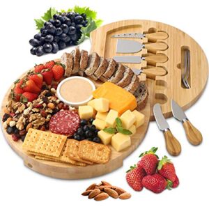 BOLTLINK Cheese Board and Knife Set, Bamboo Round Charcuterie Boards Swivel Meat Platter Personalized Tray with 6 knives for Housewarming Christmas Thanksgiving Party Birthday Wedding Gifts