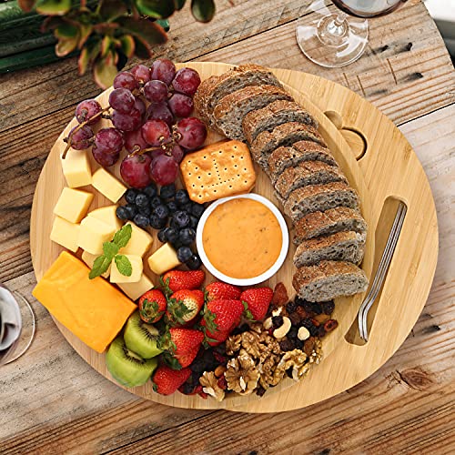 BOLTLINK Cheese Board and Knife Set, Bamboo Round Charcuterie Boards Swivel Meat Platter Personalized Tray with 6 knives for Housewarming Christmas Thanksgiving Party Birthday Wedding Gifts