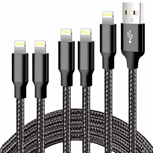 cugunu iPhone Charger, 5 Pack 3/3/6/6/10FT Apple MFi Certified USB Lightning Cable Nylon Braided Fast Charging Cord Compatible for iPhone 14/13/12/11/X/Max/8/7/6/5/SE/Plus/iPad - Black