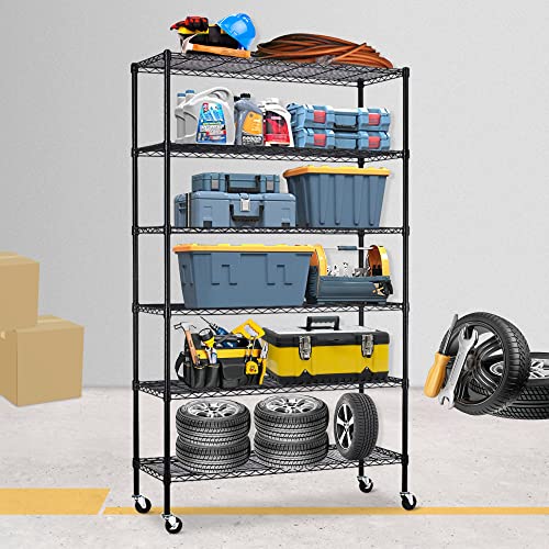 6 Tier Wire Metal Shelving Rack,Heavy Duty 48" W x 18" D x 82" H Adjustable Shelving Units and Storage with Casters/Wheels and Feet Levelers,Garage Metal Steel Storage Shelves for Kitchen/Office Rack