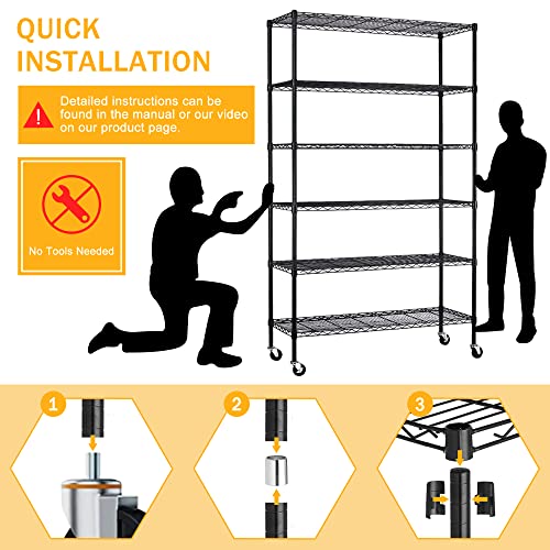 6 Tier Wire Metal Shelving Rack,Heavy Duty 48" W x 18" D x 82" H Adjustable Shelving Units and Storage with Casters/Wheels and Feet Levelers,Garage Metal Steel Storage Shelves for Kitchen/Office Rack