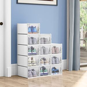 yitahome shoe box, set of 12 shoe storage organizers stackable shoe storage box rack clear drawer-white, medium size,13.8”l x 9.8”w x 7.3”h