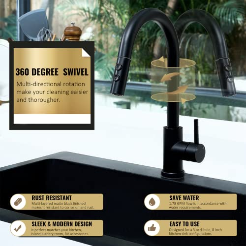 Black Kitchen Faucet, Kitchen Faucets with Pull Down Sprayer, KINFAUCETS Single Handle Pull Out Kitchen Sink Faucets, Commercial Pull Down Faucet, Farmhouse RV Bar Utility Sink Faucets, Matte Black