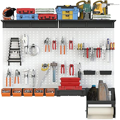 TORACK Pegboard Wall Organizer 4 ft. Garage Metal Pegboard Organizer Utility Tool Storage Kit with Toolboard Hooks Accessories, Wall Mounted Storage Bins, Paper Towel Holder, Overhead Shelf