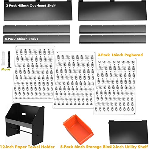 TORACK Pegboard Wall Organizer 4 ft. Garage Metal Pegboard Organizer Utility Tool Storage Kit with Toolboard Hooks Accessories, Wall Mounted Storage Bins, Paper Towel Holder, Overhead Shelf