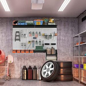 TORACK Pegboard Wall Organizer 4 ft. Garage Metal Pegboard Organizer Utility Tool Storage Kit with Toolboard Hooks Accessories, Wall Mounted Storage Bins, Paper Towel Holder, Overhead Shelf