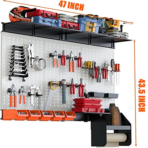 TORACK Pegboard Wall Organizer 4 ft. Garage Metal Pegboard Organizer Utility Tool Storage Kit with Toolboard Hooks Accessories, Wall Mounted Storage Bins, Paper Towel Holder, Overhead Shelf