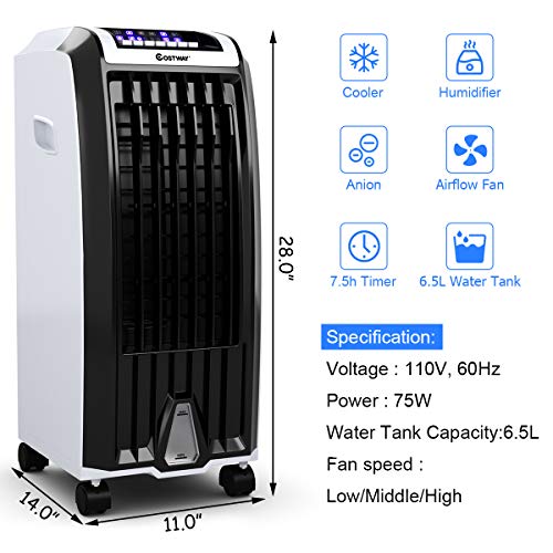 Nightcore Air Cooler, Portable Air Cooler with 3 Different Wind Speed, Bladeless Electric Fan, Humidifier with Remote Control, 7.5-Hour Timer, Office, black + white (Air Conditioners)