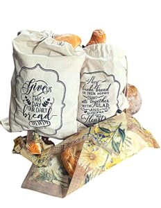 wiseowell linen bread bags for homemade bread linen with beeswax wraps - 100% organic linen | eco-friendly | bread bags for homemade bread and produce