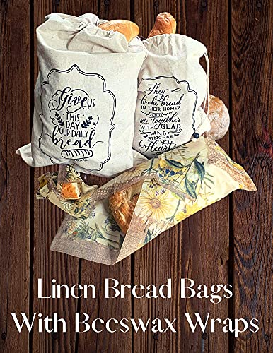 WISEOWELL Linen Bread Bags For Homemade Bread LINEN with Beeswax Wraps - 100% Organic Linen | Eco-Friendly | Bread Bags For Homemade Bread And Produce