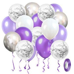 Purple White Silver Balloons 50pcs, 12 Inch Silver Confetti Balloons Latex Balloons with Purple Ribbon for Birthday Party Decoration Baby Shower Decorations