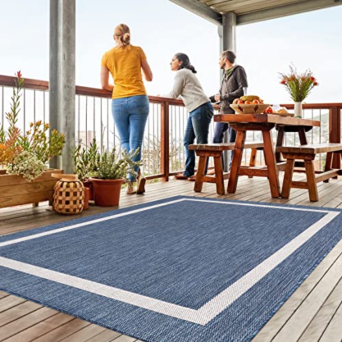 Beverly Rug Waikiki Indoor Outdoor Rug 5x7, Washable Outside Carpet for Patio, Deck, Porch, Bordered Modern Area Rug, Water Resistant, Blue - White