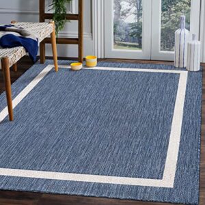 Beverly Rug Waikiki Indoor Outdoor Rug 5x7, Washable Outside Carpet for Patio, Deck, Porch, Bordered Modern Area Rug, Water Resistant, Blue - White