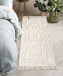 uphome boho runner rug 2' x 4.3' tufted cotton accent throw rugs with tassel woven machine washable tribal floor mat for laundry doorway hallway porch bedroom kitchen,beige