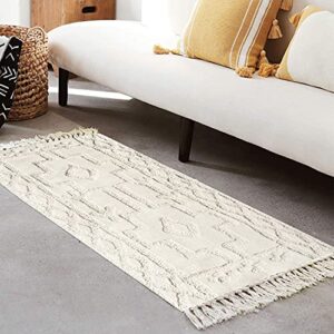 Uphome Boho Runner Rug 2' x 4.3' Tufted Cotton Accent Throw Rugs with Tassel Woven Machine Washable Tribal Floor Mat for Laundry Doorway Hallway Porch Bedroom Kitchen,Beige