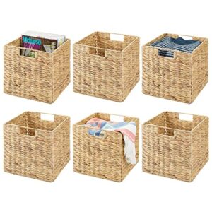 mDesign Natural Woven Hyacinth Cube Bin Basket Organizer with Handles, Storage for Bedroom, Home Office, Bathroom, Shelf and Cubby Organization, Hold Blankets, Magazines, Books, 6 Pack, Natural/Tan