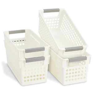 4 pack white plastic baskets for organizing, narrow storage bins with gray handles, small nesting containers for shelf, laundry, office (5 in)
