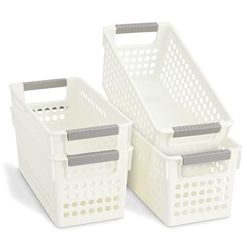 4 Pack White Plastic Baskets for Organizing, Narrow Storage Bins with Gray Handles, Small Nesting Containers for Shelf, Laundry, Office (5 In)