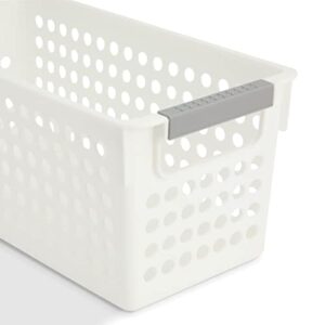 4 Pack White Plastic Baskets for Organizing, Narrow Storage Bins with Gray Handles, Small Nesting Containers for Shelf, Laundry, Office (5 In)