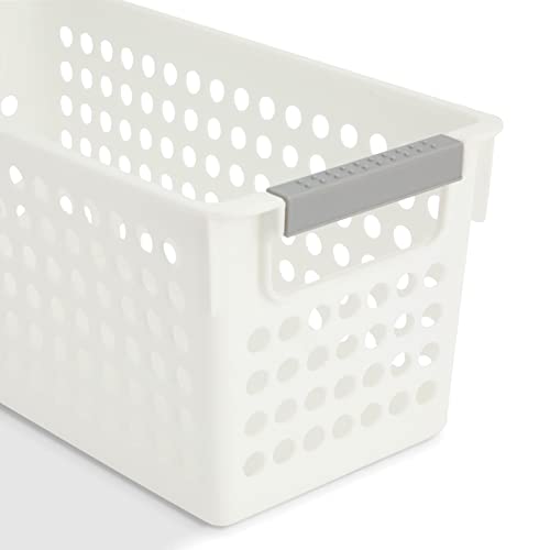 4 Pack White Plastic Baskets for Organizing, Narrow Storage Bins with Gray Handles, Small Nesting Containers for Shelf, Laundry, Office (5 In)