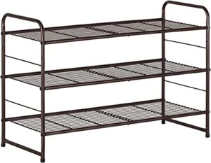 bextsrack 3-tier shoe rack, stackable & adjustable wire grid shoe shelf storage organizer for closet bedroom entryway - bronze