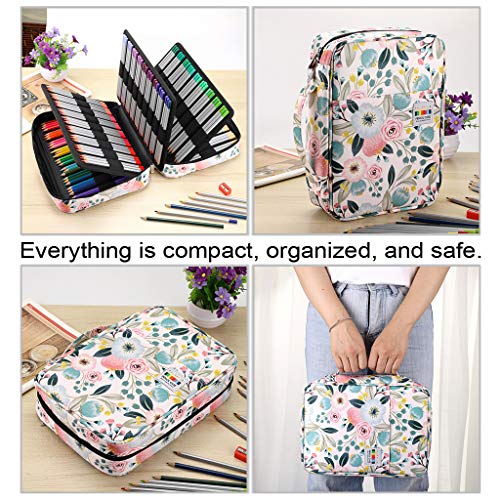 BTSKY Colored Pencil Case 220 Slots Pen Pencil Bag Organizer with Handy Wrap Portable- Multilayer Holder for Prismacolor Crayola Colored Pencils & Gel Pen Watercolor Flowers