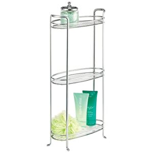 mdesign 3 tier vertical standing bathroom shelving unit, decorative metal storage organizer tower rack with 3 basket bins to hold and organize bath towels, hand soap, toiletries - chrome