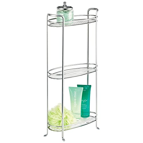 mDesign 3 Tier Vertical Standing Bathroom Shelving Unit, Decorative Metal Storage Organizer Tower Rack with 3 Basket Bins to Hold and Organize Bath Towels, Hand Soap, Toiletries - Chrome