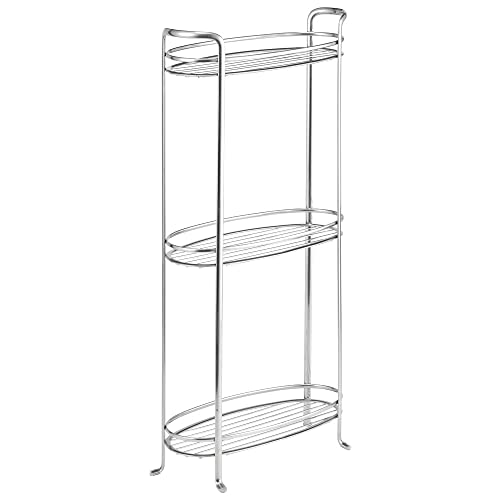 mDesign 3 Tier Vertical Standing Bathroom Shelving Unit, Decorative Metal Storage Organizer Tower Rack with 3 Basket Bins to Hold and Organize Bath Towels, Hand Soap, Toiletries - Chrome