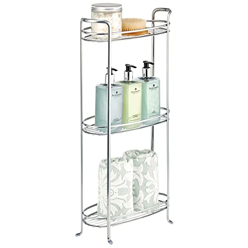 mDesign 3 Tier Vertical Standing Bathroom Shelving Unit, Decorative Metal Storage Organizer Tower Rack with 3 Basket Bins to Hold and Organize Bath Towels, Hand Soap, Toiletries - Chrome