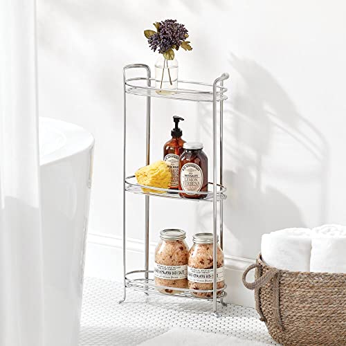 mDesign 3 Tier Vertical Standing Bathroom Shelving Unit, Decorative Metal Storage Organizer Tower Rack with 3 Basket Bins to Hold and Organize Bath Towels, Hand Soap, Toiletries - Chrome