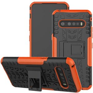 yerebel for lg v60 thinq case, v60 thinq 5g case, with kickstand hard pc back cover soft tpu dual layer protection phone cover for lg v60 thinq (orange)