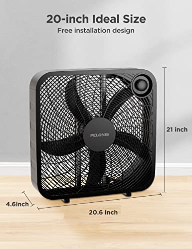 PELONIS 3-Speed Box Fan For Full-Force Circulation With Air Conditioner, Upgrade Floor Fan, Black