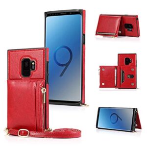 kihuwey galaxy s9 case crossbody lanyard zipper wallet with credit card holder and wrist strap,protective purse cover for samsung galaxy s9 red