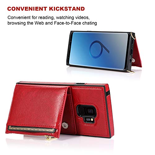 KIHUWEY Galaxy S9 Case Crossbody Lanyard Zipper Wallet with Credit Card Holder and Wrist Strap,Protective Purse Cover for Samsung Galaxy S9 Red