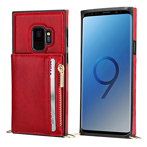 KIHUWEY Galaxy S9 Case Crossbody Lanyard Zipper Wallet with Credit Card Holder and Wrist Strap,Protective Purse Cover for Samsung Galaxy S9 Red