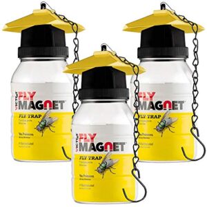 [set of 3] reusable outdoor fly traps 32 oz - fly magnet bait trap - made in usa - bundled with 3 bait refills and 3 hanging chains