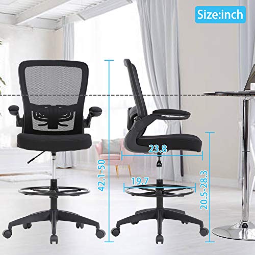 Drafting Chair Tall Office Chair Ergonomic Computer Desk Mid Back Mesh Chair with Lumbar Support & Foot Ring Height Adjustable Rolling Swivel Drafting Stool Task Executive Chair for Standing Desk