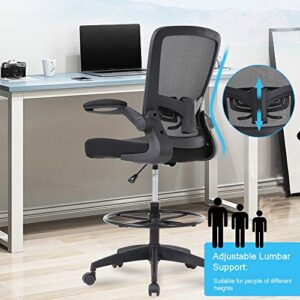 Drafting Chair Tall Office Chair Ergonomic Computer Desk Mid Back Mesh Chair with Lumbar Support & Foot Ring Height Adjustable Rolling Swivel Drafting Stool Task Executive Chair for Standing Desk