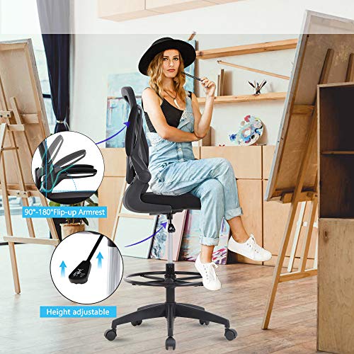 Drafting Chair Tall Office Chair Ergonomic Computer Desk Mid Back Mesh Chair with Lumbar Support & Foot Ring Height Adjustable Rolling Swivel Drafting Stool Task Executive Chair for Standing Desk