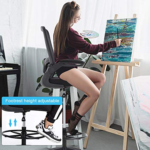Drafting Chair Tall Office Chair Ergonomic Computer Desk Mid Back Mesh Chair with Lumbar Support & Foot Ring Height Adjustable Rolling Swivel Drafting Stool Task Executive Chair for Standing Desk