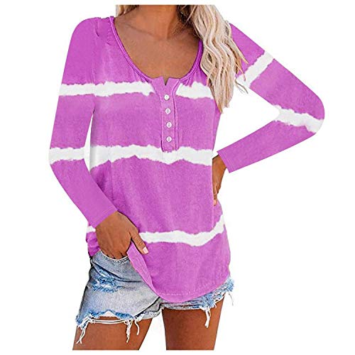 ESKNAS Womens Pullover Tops Autumn Tie-Dye Stripe Print Long Sleeve T-Shirts Button Scoop Neck-Henley Shirts (Purple,L)