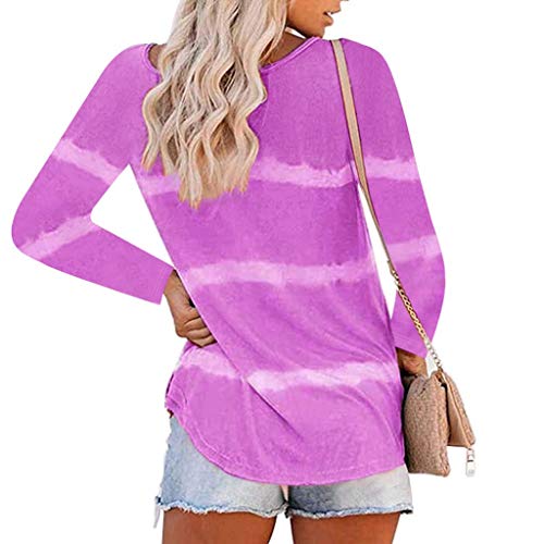 ESKNAS Womens Pullover Tops Autumn Tie-Dye Stripe Print Long Sleeve T-Shirts Button Scoop Neck-Henley Shirts (Purple,L)