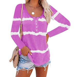 ESKNAS Womens Pullover Tops Autumn Tie-Dye Stripe Print Long Sleeve T-Shirts Button Scoop Neck-Henley Shirts (Purple,L)