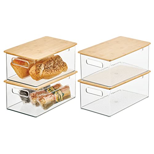 mDesign Plastic Stackable Storage Organizer Container Bin with Handles, Bamboo Wood Lid; for Kitchen, Pantry, Cabinet Organization; Holds Packaged Food, Snacks; Ligne Collection, 4 Pack, Clear/Natural