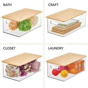 mDesign Plastic Stackable Storage Organizer Container Bin with Handles, Bamboo Wood Lid; for Kitchen, Pantry, Cabinet Organization; Holds Packaged Food, Snacks; Ligne Collection, 4 Pack, Clear/Natural