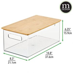 mDesign Plastic Stackable Storage Organizer Container Bin with Handles, Bamboo Wood Lid; for Kitchen, Pantry, Cabinet Organization; Holds Packaged Food, Snacks; Ligne Collection, 4 Pack, Clear/Natural